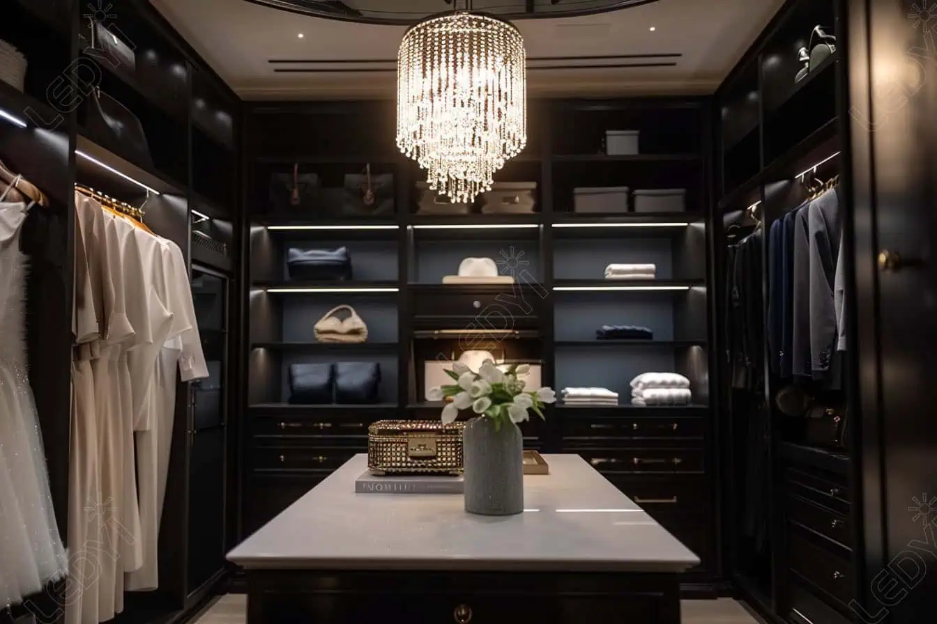 Luxurious walk-in closet with chandelier and organized shelves.