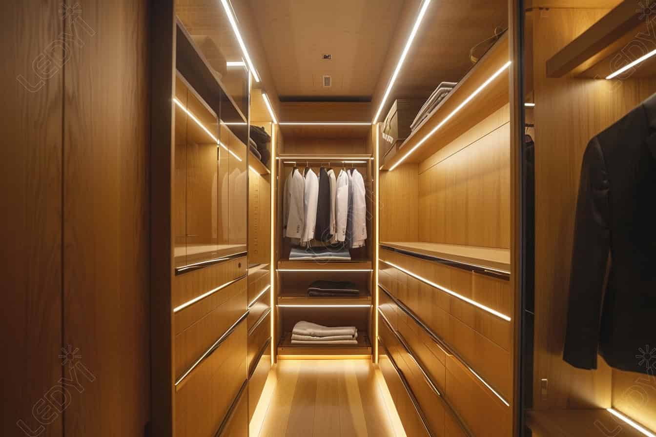 Modern walk-in closet with wooden shelves and LED lighting.