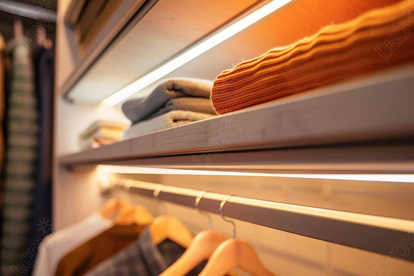Organized closet with folded sweaters and hanging clothes.