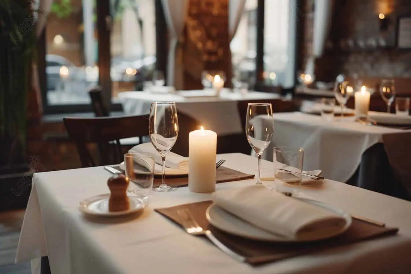 Mesa de jantar à luz de velas em um restaurante aconchegante.