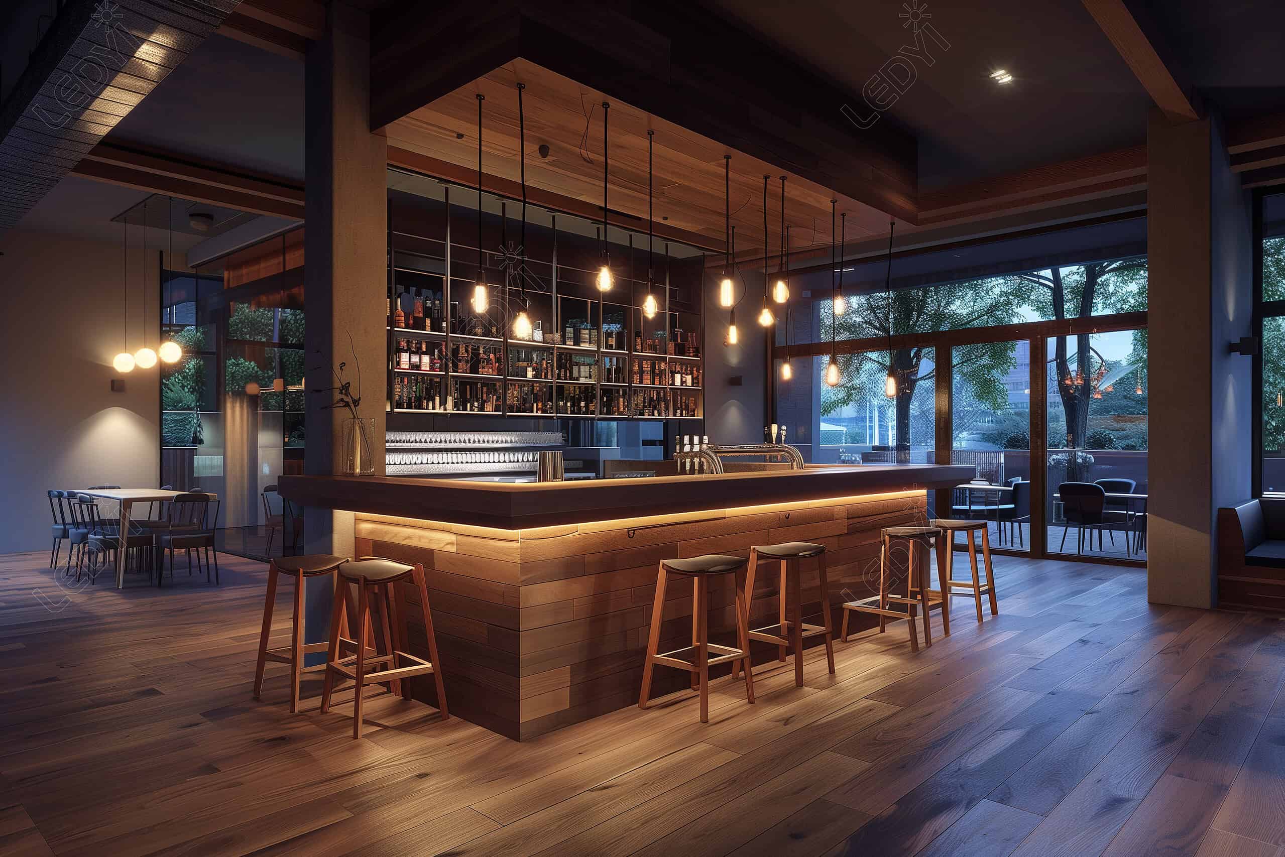 Bar moderno com decoração em madeira e iluminação pendente.