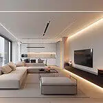 Modern minimalist living room with city view.