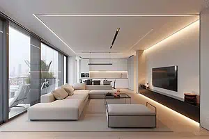 Modern minimalist living room with city view.