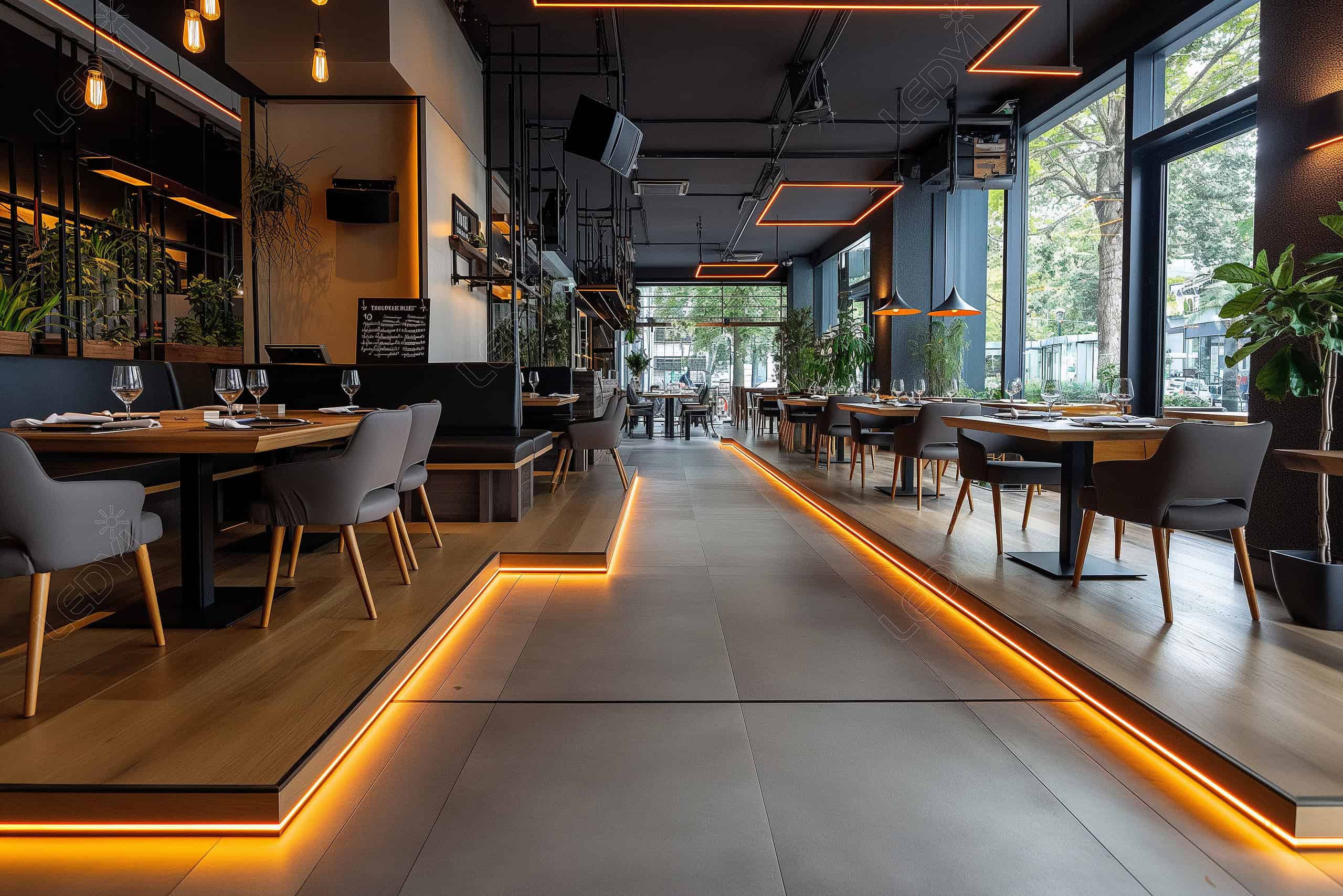 Restaurante moderno com iluminação elegante e decoração elegante.
