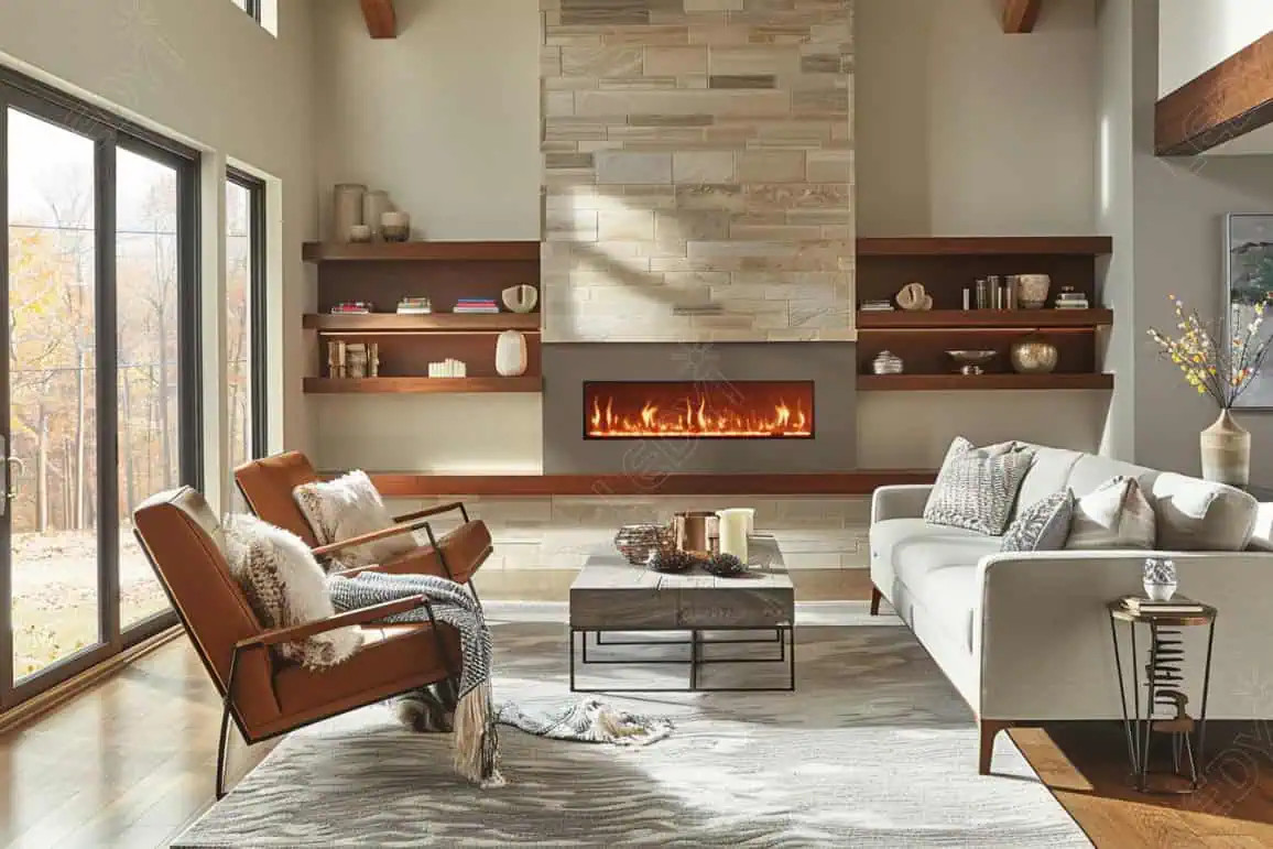 Modern living room with fireplace and large windows
