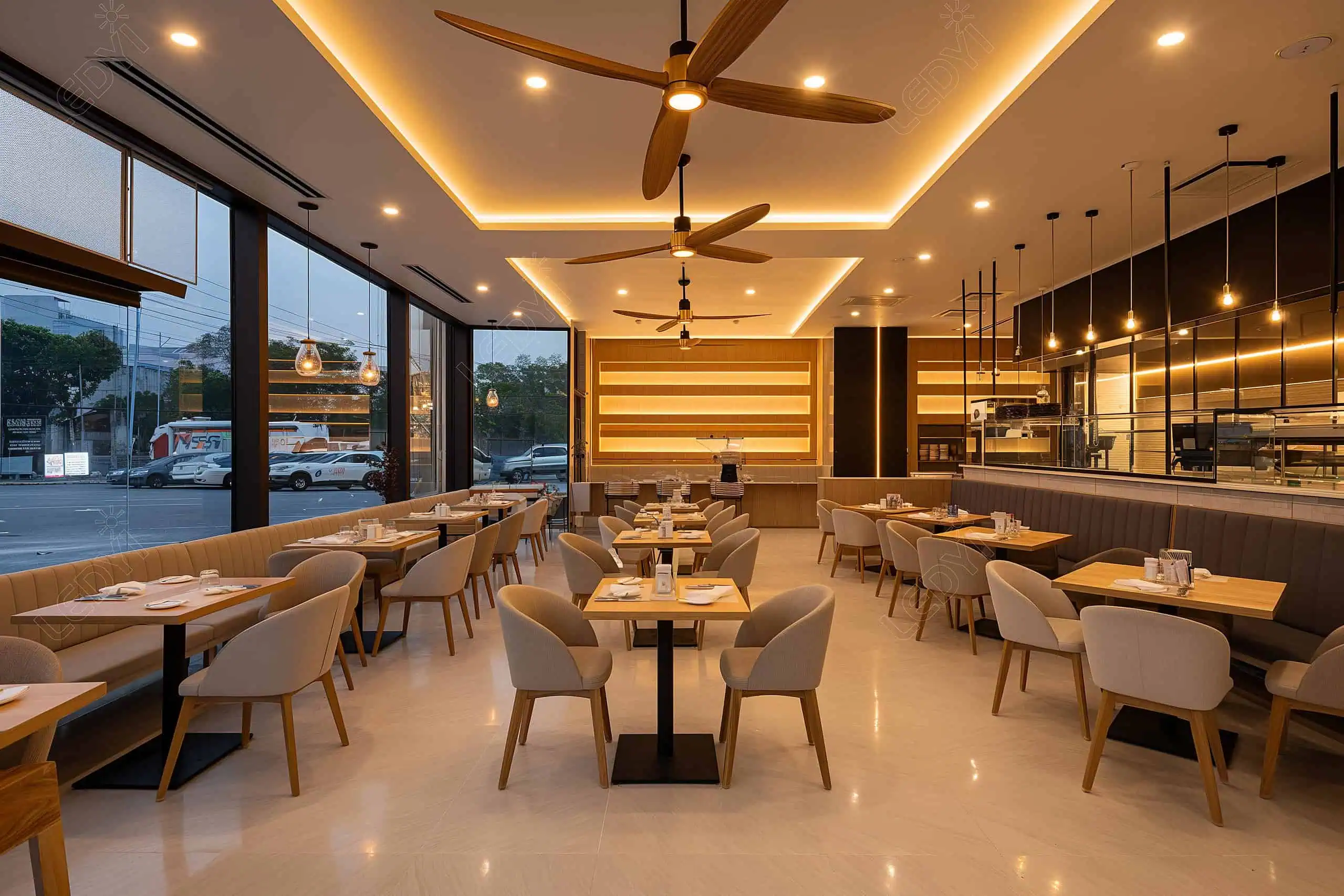 Restaurante vazio moderno com decoração contemporânea e grandes janelas.
