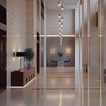Modern office lobby with sleek design and lighting.