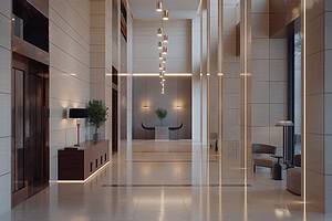 Modern office lobby with sleek design and lighting.