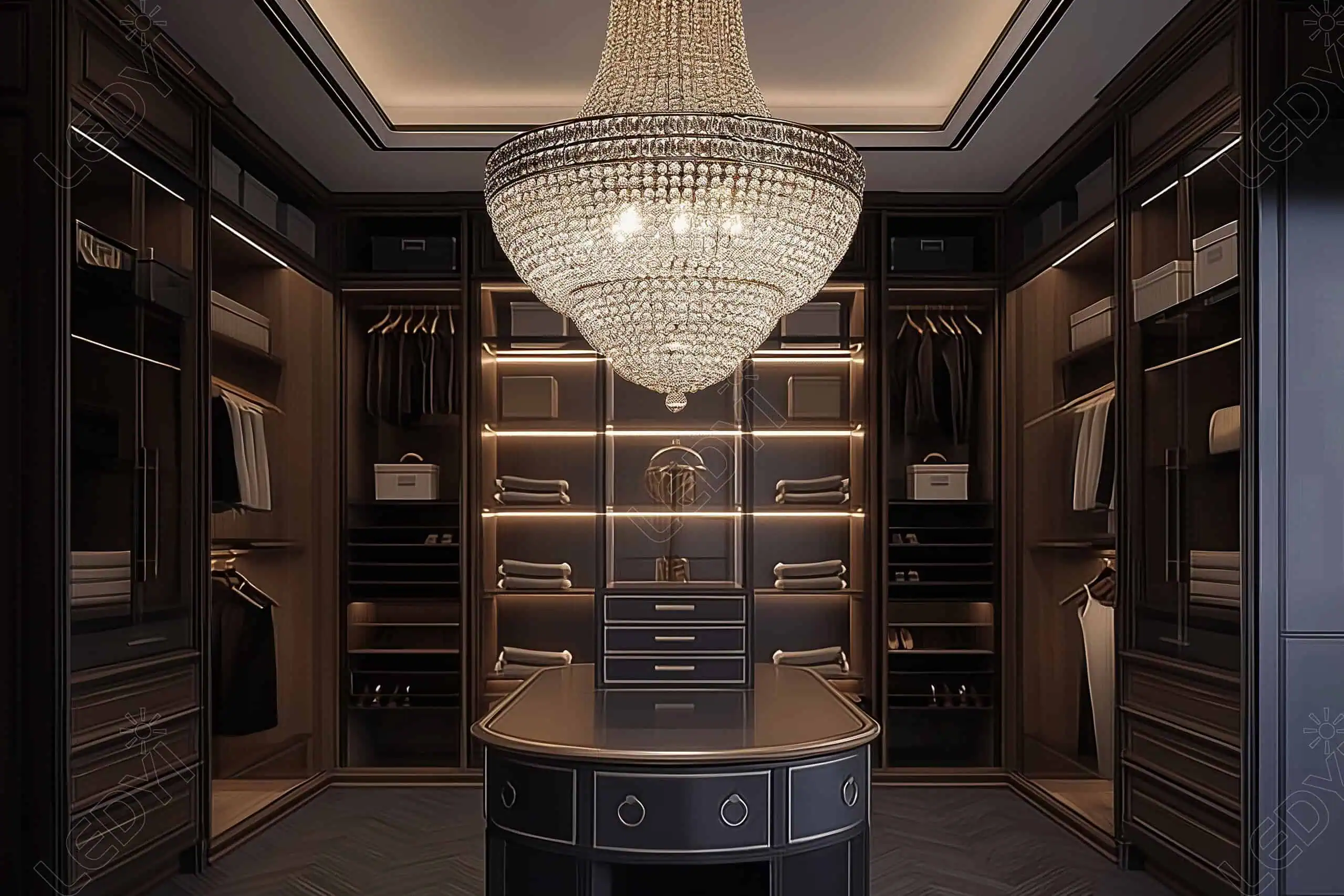 Luxurious walk-in closet with chandelier and custom shelving.