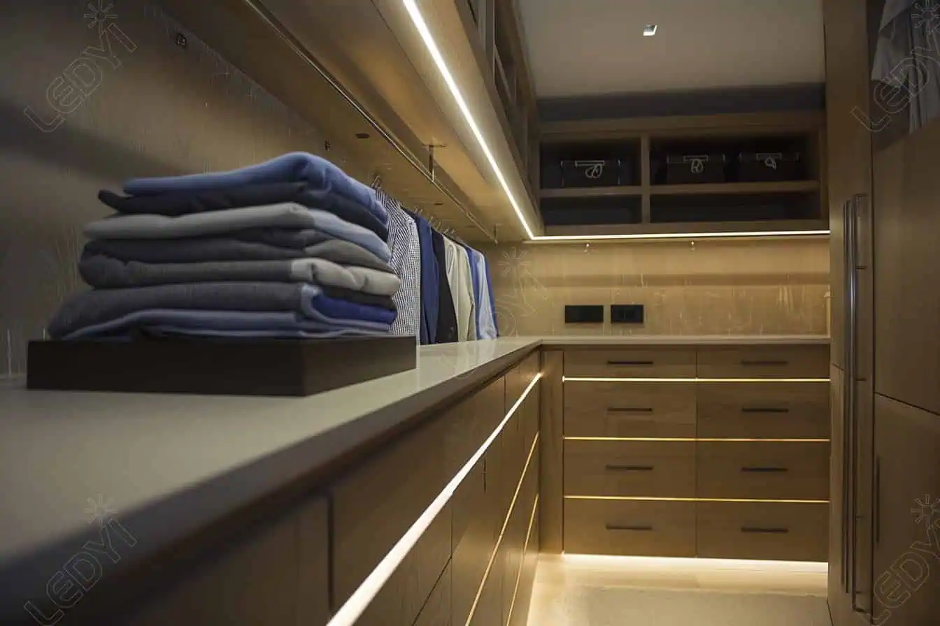 Modern walk-in closet with folded clothes and LED lighting.