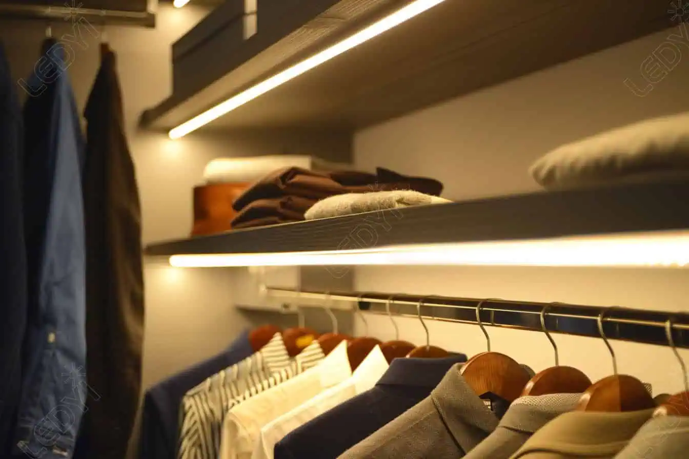 Modern closet with clothes and neatly stacked shelves.