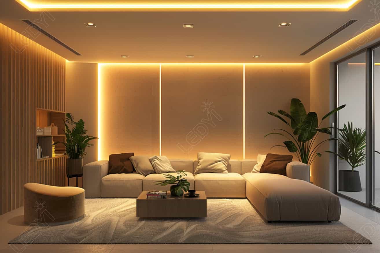 Modern living room with warm lighting and cozy seating.