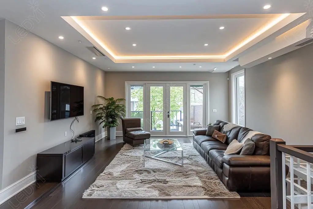 Modern living room with brown leather sofa and glass table.
