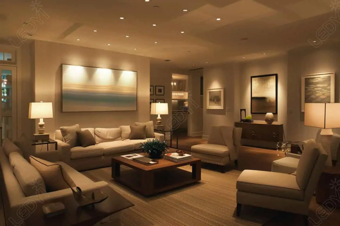 Modern living room with cozy furniture and ambient lighting.