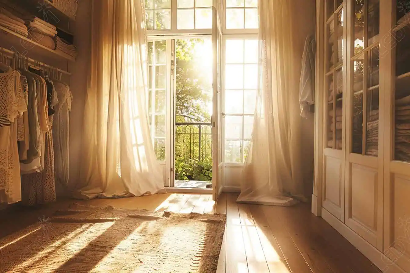 Bright walk-in closet with open doors, sunlight streaming in.