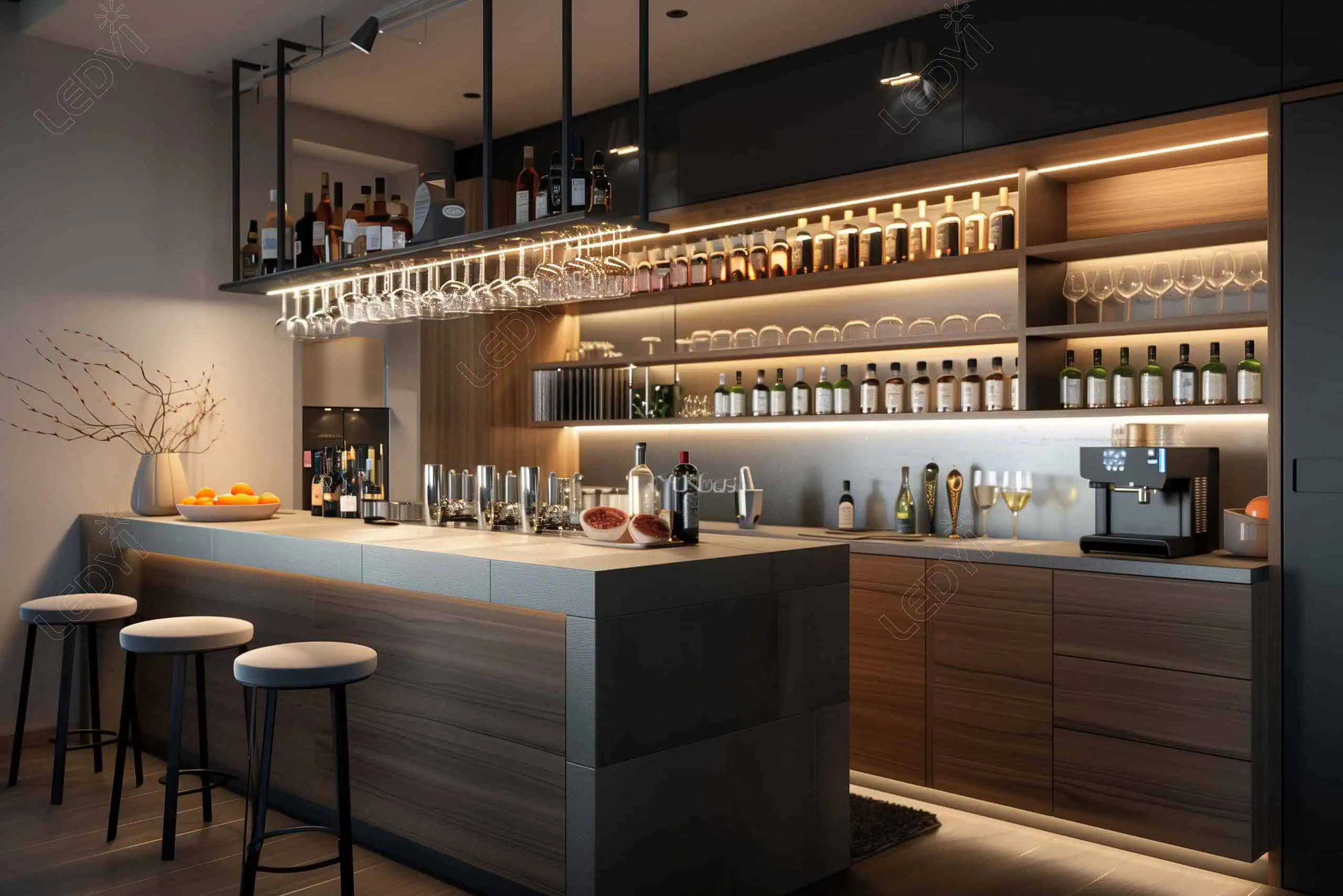Home bar moderno com banquetas e bebidas diversas.