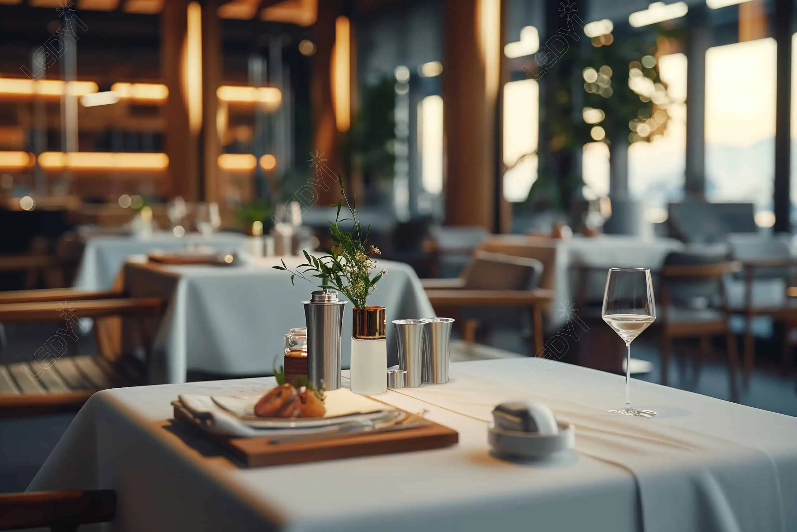 Configuração elegante de mesa de restaurante ao pôr do sol.