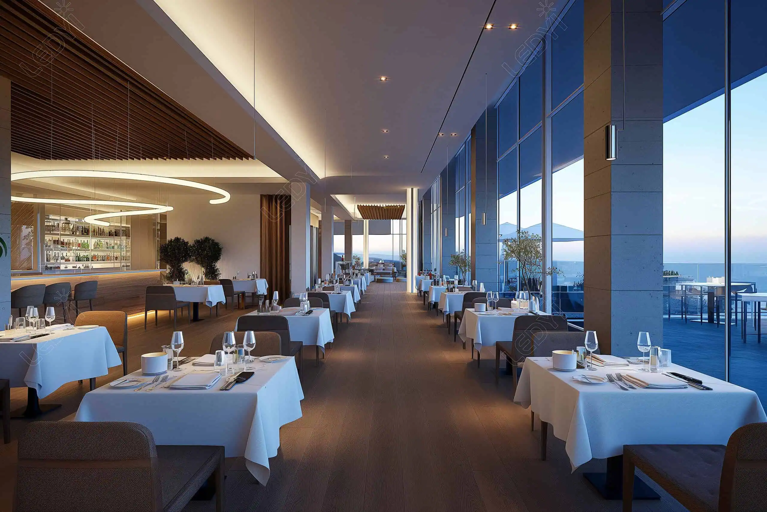 Restaurante moderno com vista para o mar e mesas elegantes.