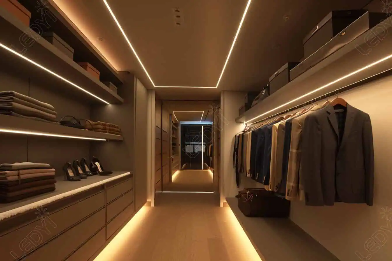 Modern walk-in closet with lighting and organized shelves.