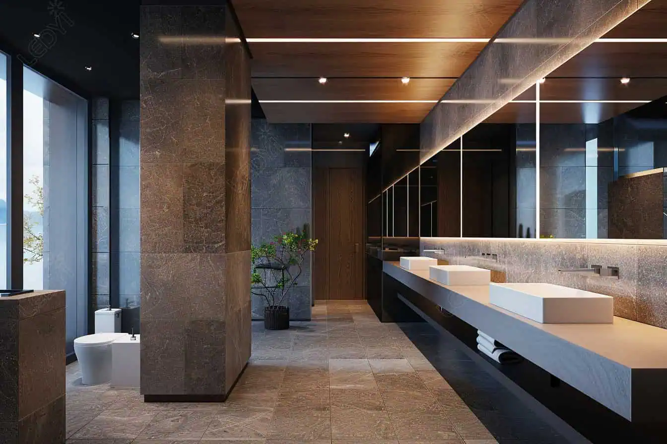 Banheiro elegante e moderno com grandes espelhos e luz natural.
