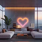 Modern living room with heart-shaped neon light decor