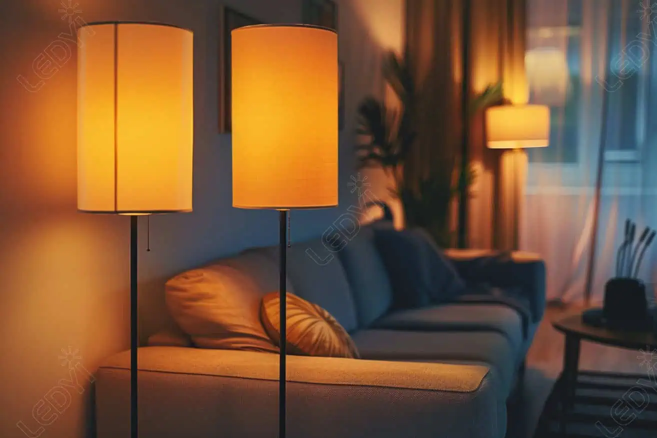Cozy living room with illuminated floor lamps.