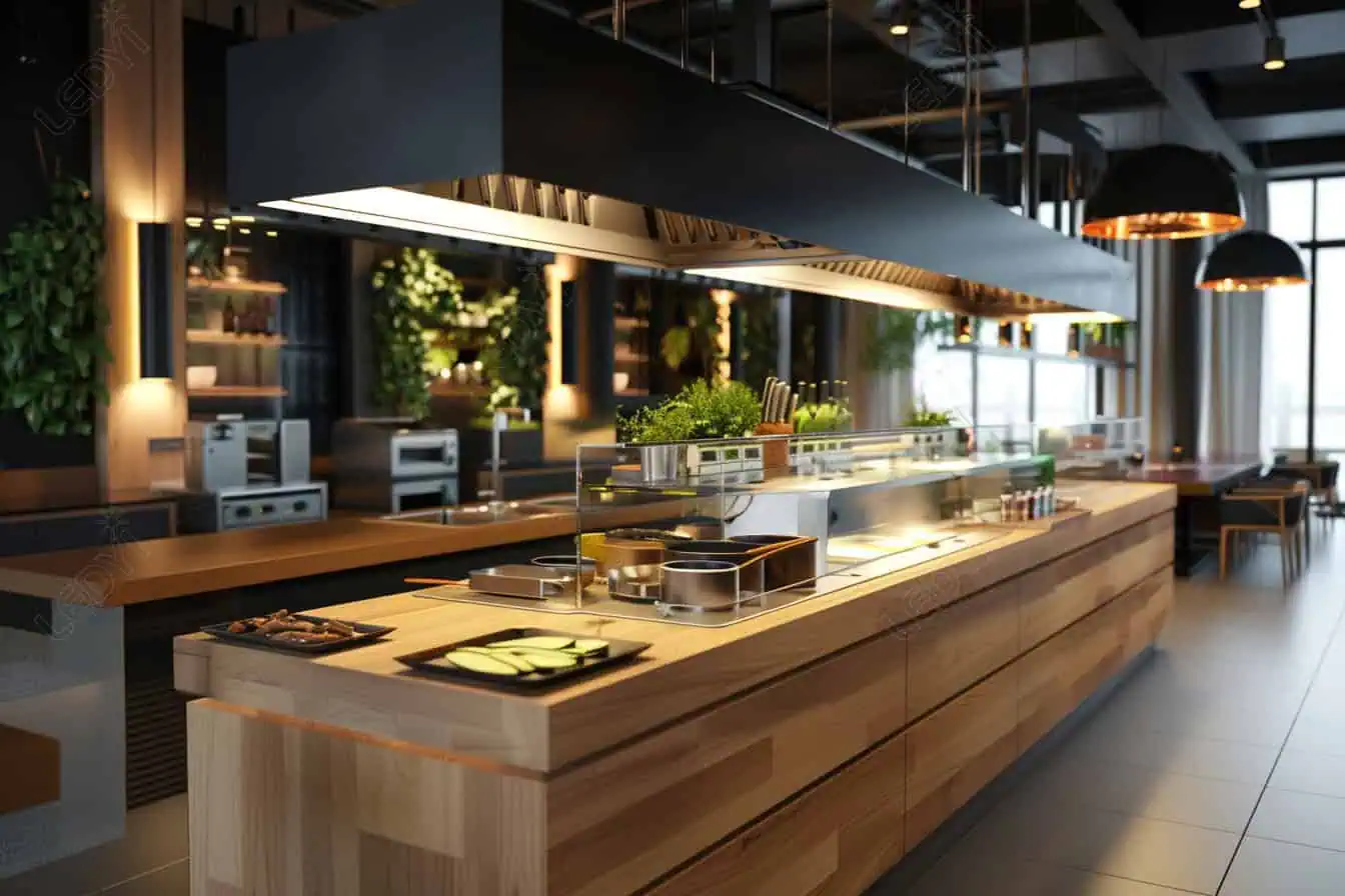 Cozinha moderna de restaurante com ilha de madeira e iluminação.