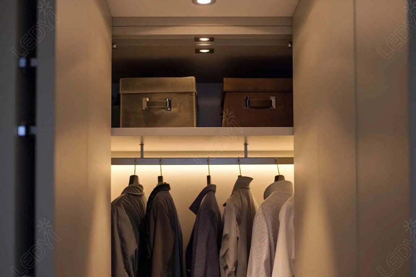 Closet with hanging clothes and storage boxes.