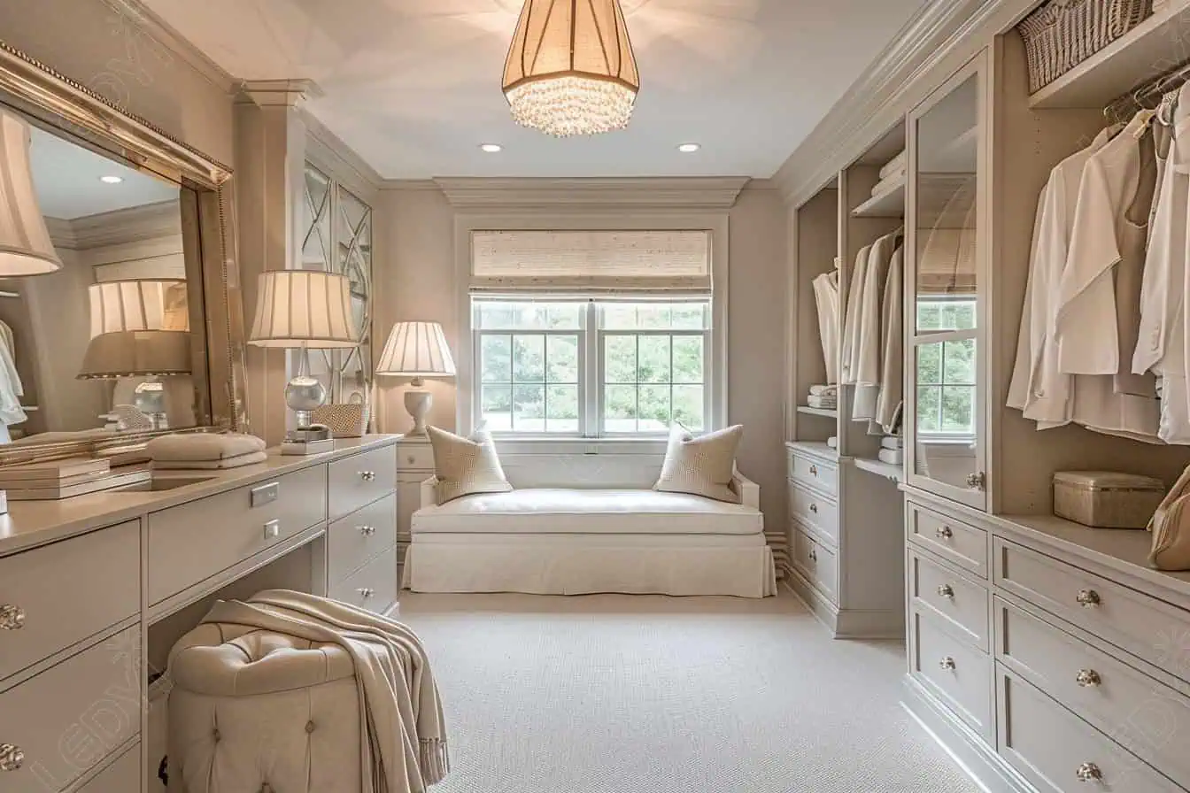 Luxurious walk-in closet with elegant decor and cozy seating.
