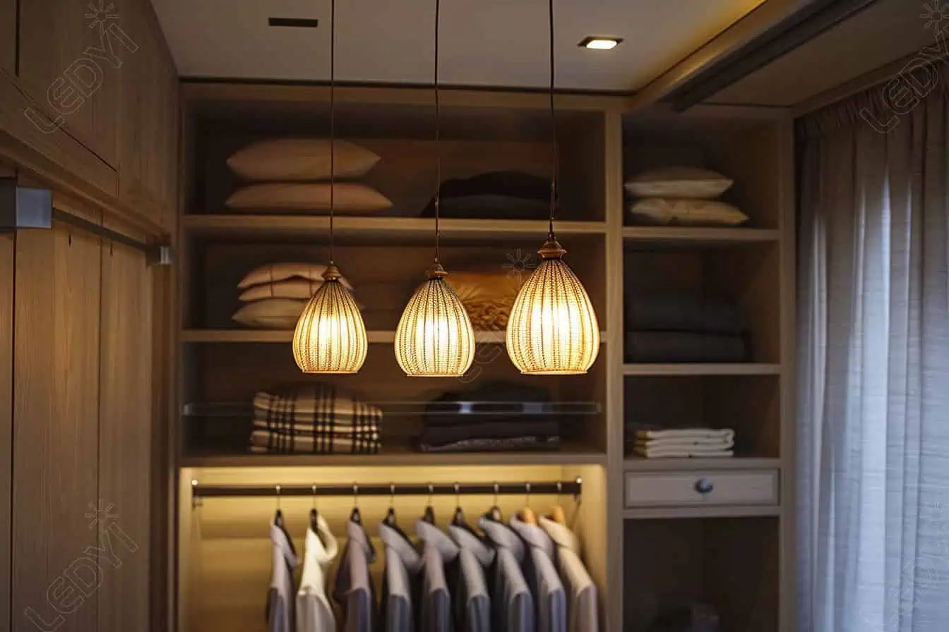 Modern walk-in closet with hanging pendant lights.