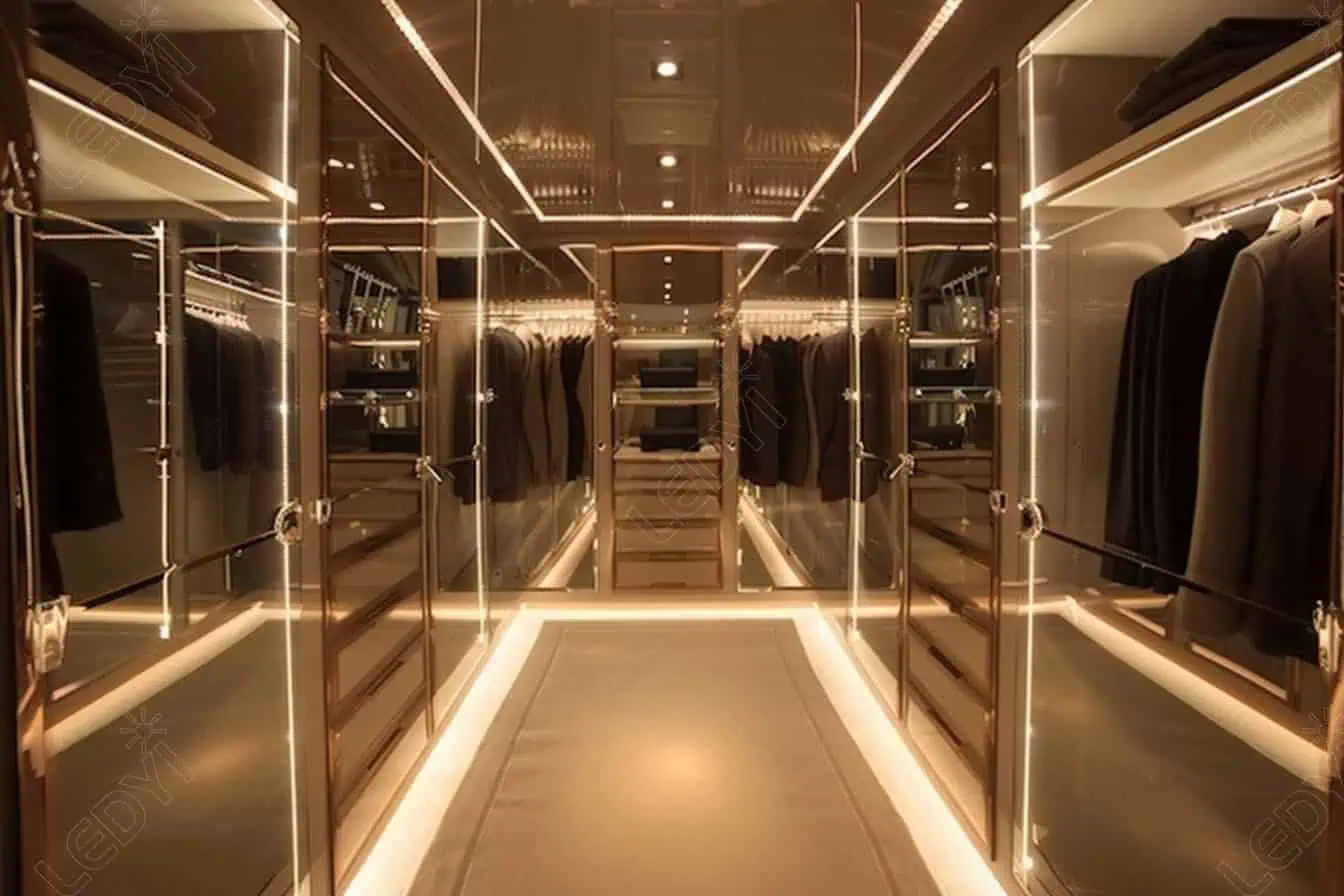 Luxurious walk-in closet with modern lighting and storage.