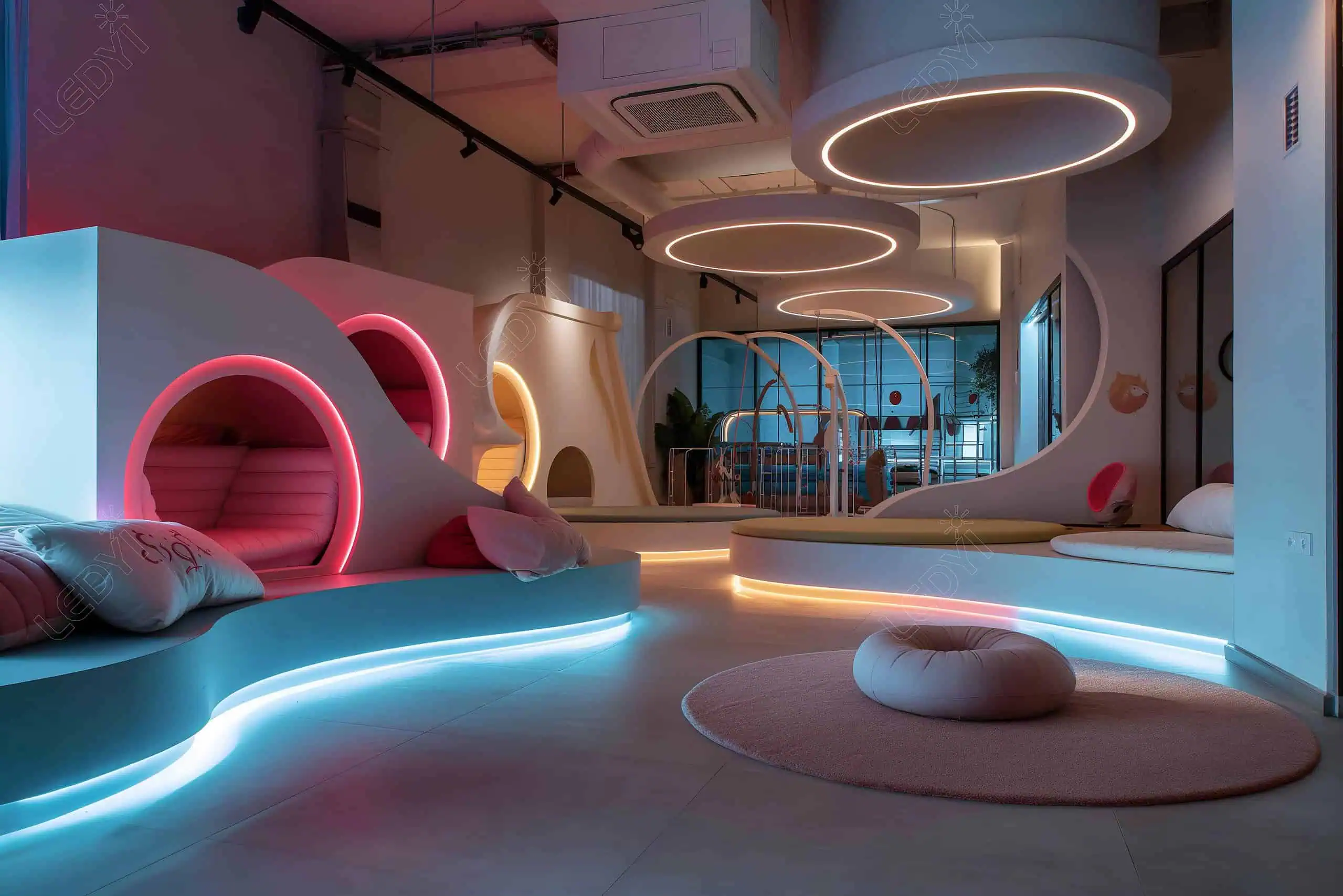 Lounge moderno com iluminação LED colorida e assentos circulares.
