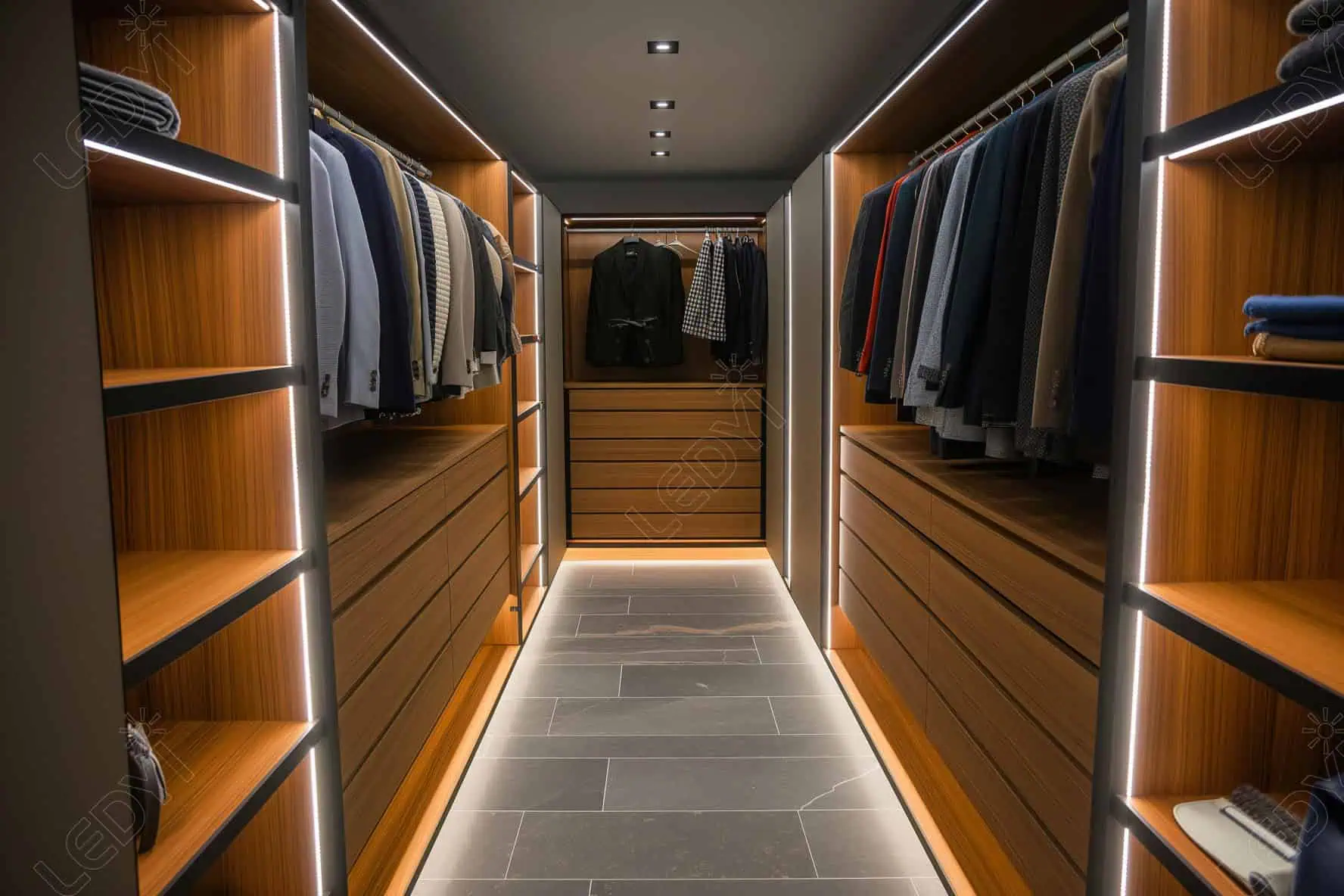 Modern walk-in closet with suits and wooden shelves.