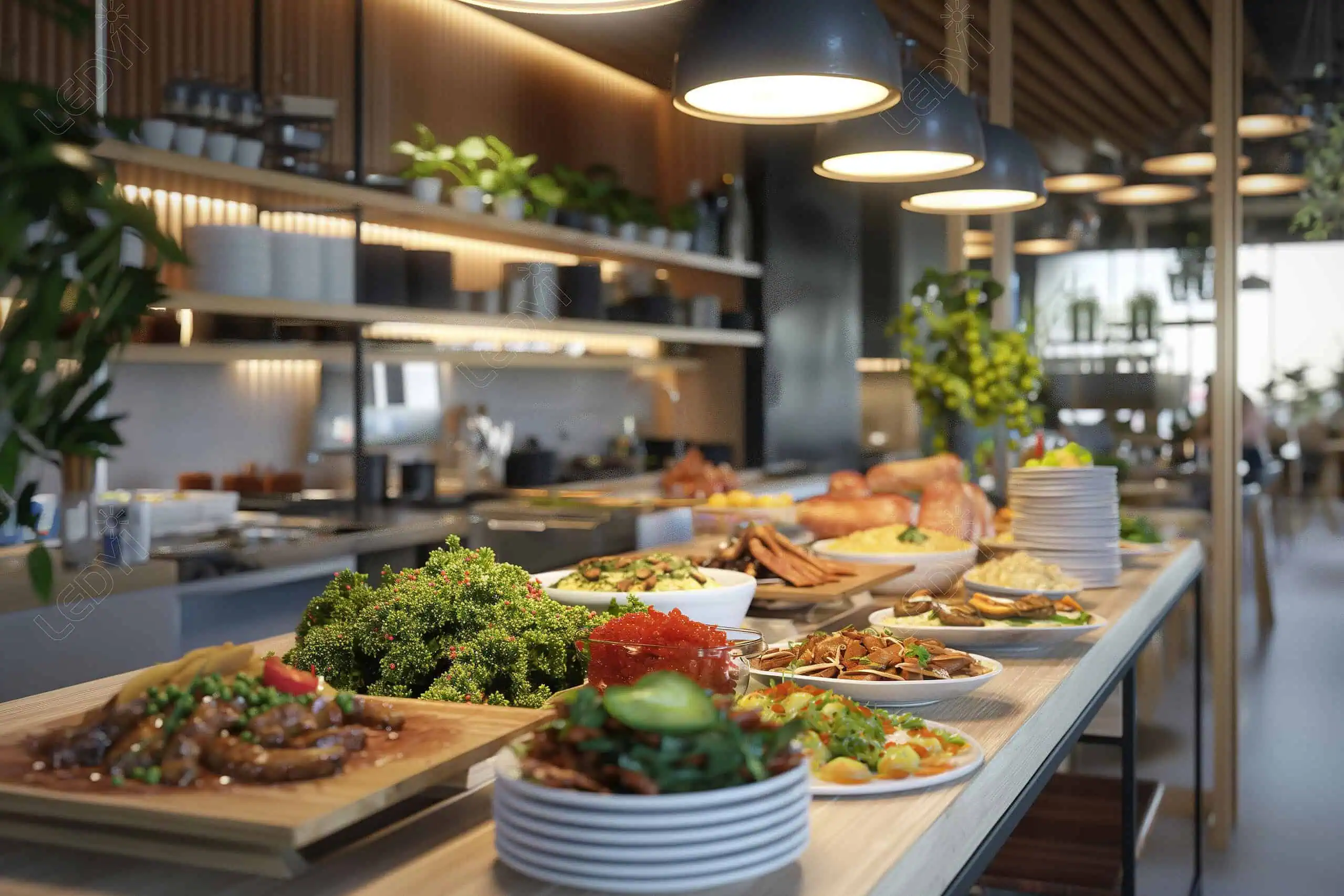 Mesa buffet com diversos pratos em uma cozinha moderna.