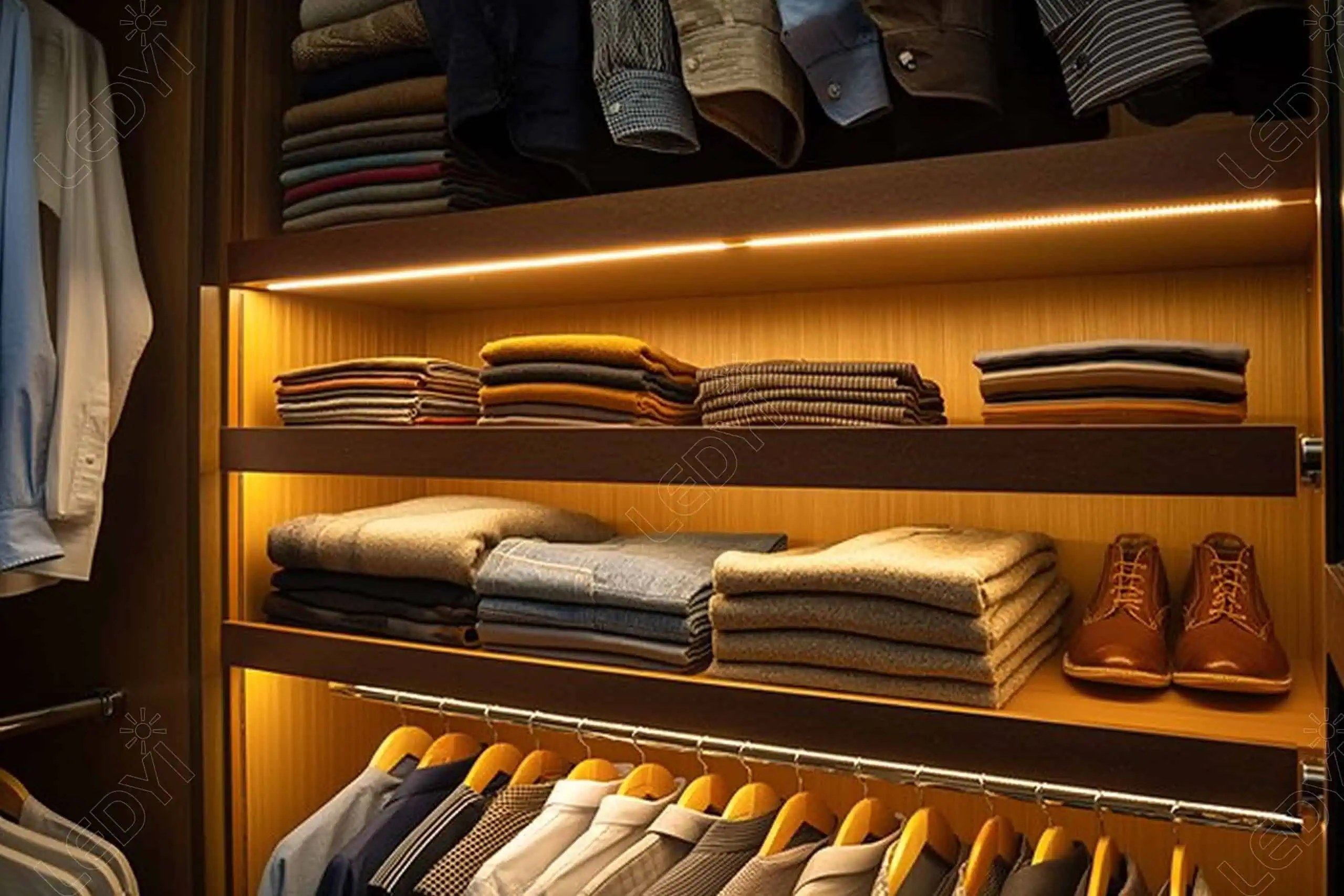 Organized closet with folded clothes and shoes.
