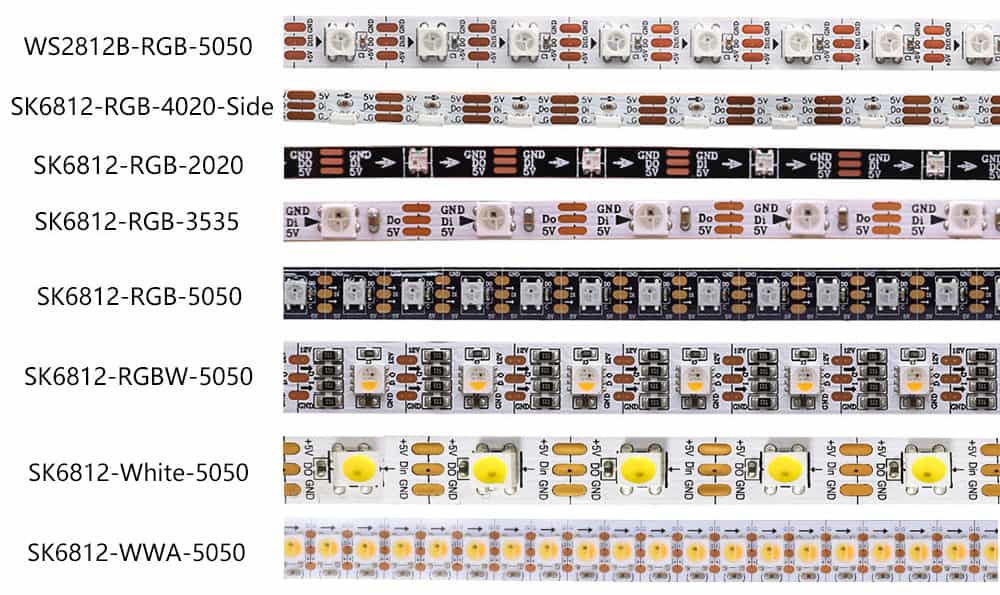 Types of SK6812 and WS2812B LED strips.