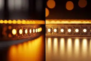 Close-up of warm LED strip lights.