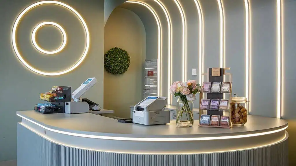 Modern reception desk with lights and merchandise display.