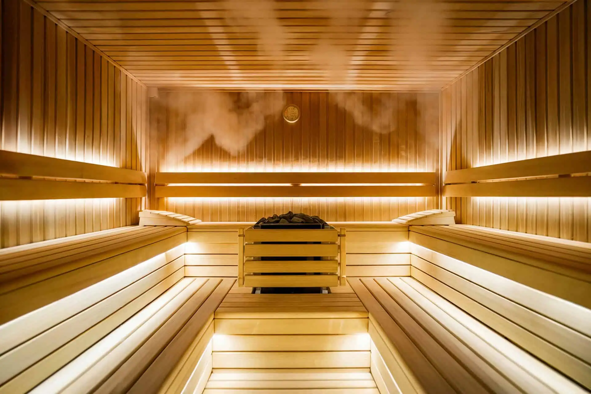 Interior aconchegante de sauna de madeira com vapor suave subindo.