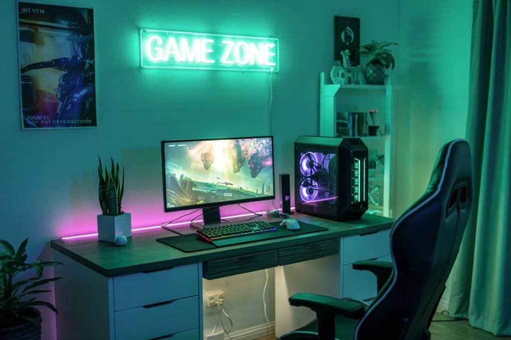 diy neon signage above gaming table